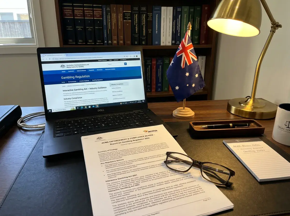 Australian gambling regulation framework showing ACMA enforcement and Interactive Gambling Act compliance