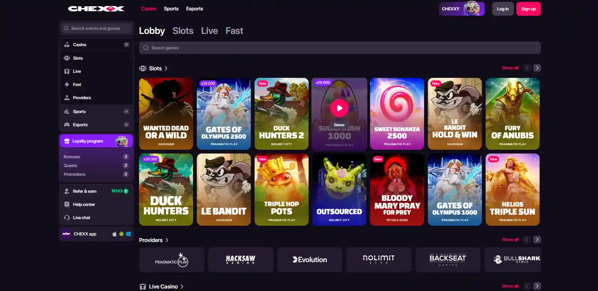 CHEXX casino lobby with game categories, filters and tile grid