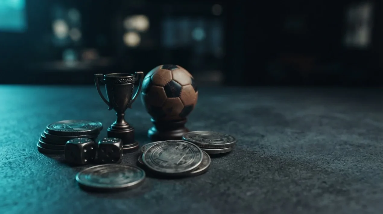 Crypto casino and sportsbook still life with coins, dice and ball