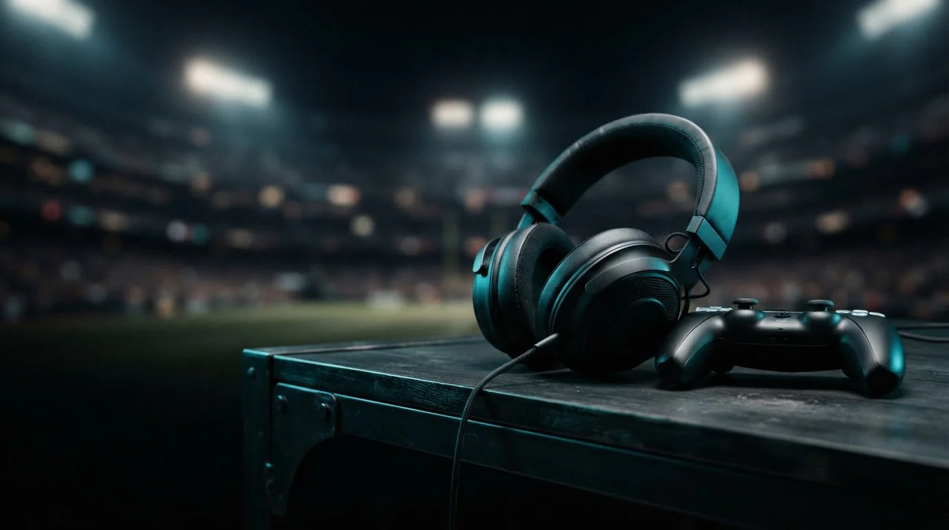 Gaming headset and controller beside blurred stadium floodlights