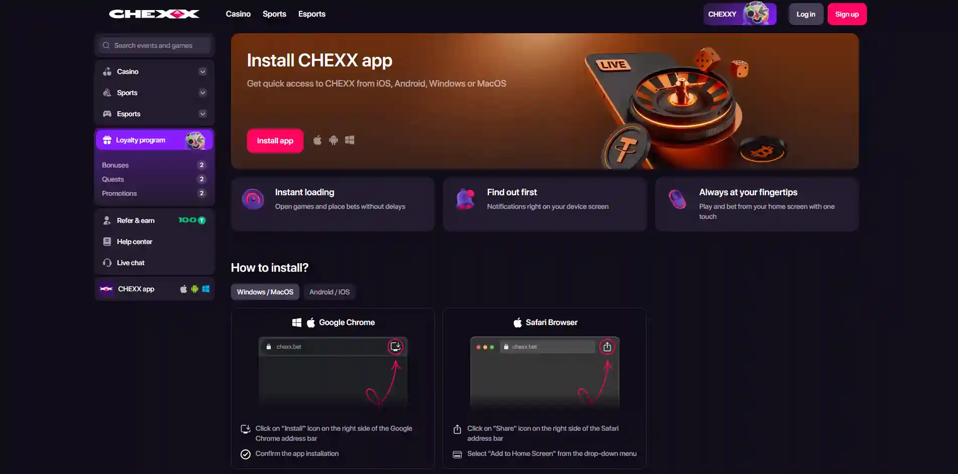 CHEXX PWA install page with four platform download options