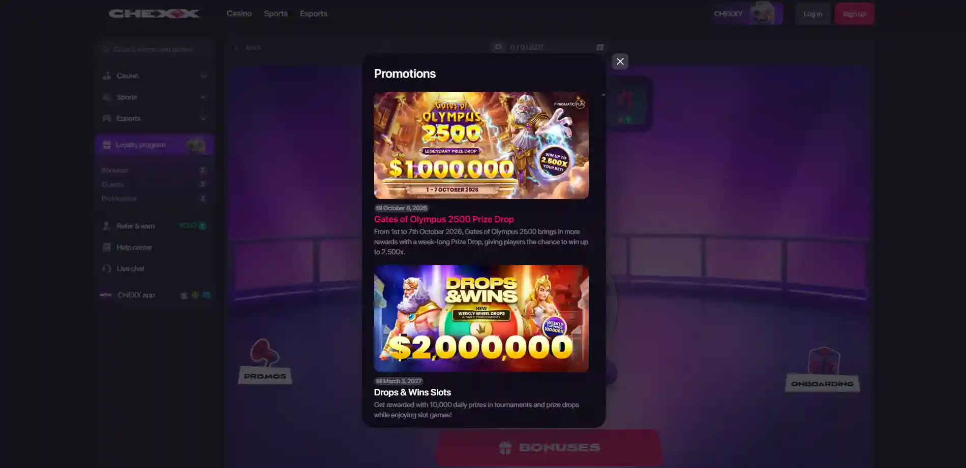 CHEXX welcome offer showing three deposit bonus tiers and free spins
